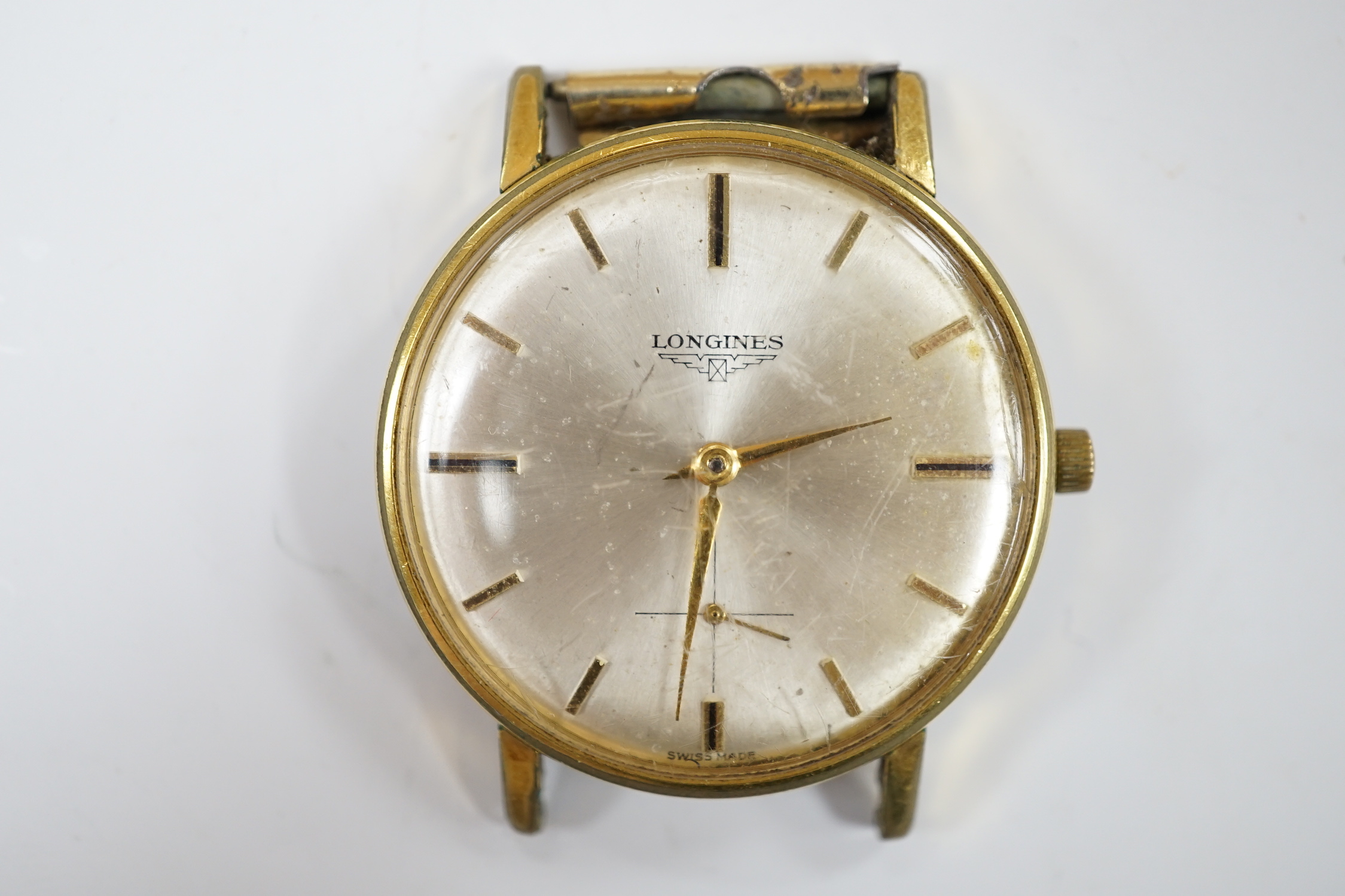 A gentleman's steel and gold plated Longines manual wind wrist watch, with subsidiary seconds, no strap, case diameter 35mm, with box.